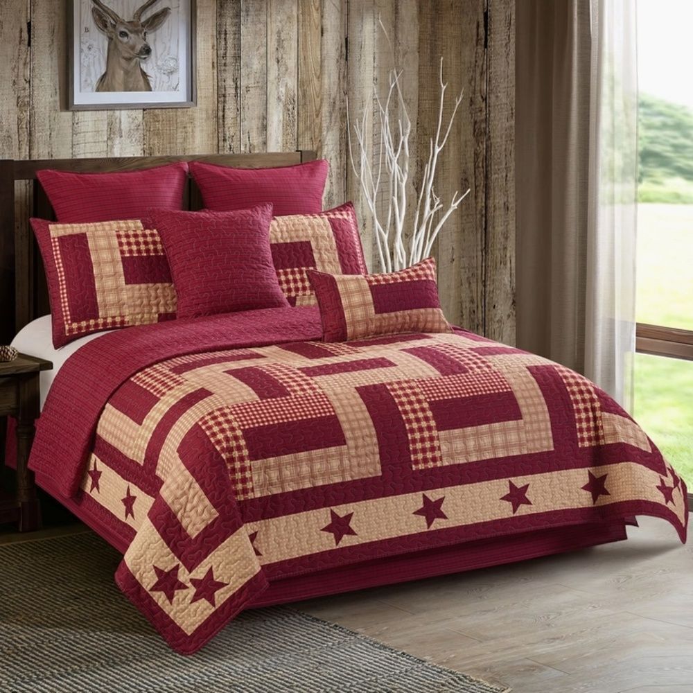 Farmhouse Burgundy Star Country Printed Queen Quilt Set Primitive Cottagecore